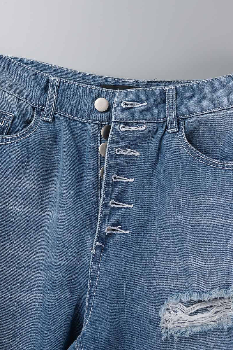 Street Ripped Buckle Low Waist Loose Denim Jeans(4 Colors)