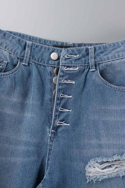 Street Ripped Buckle Low Waist Loose Denim Jeans(4 Colors)