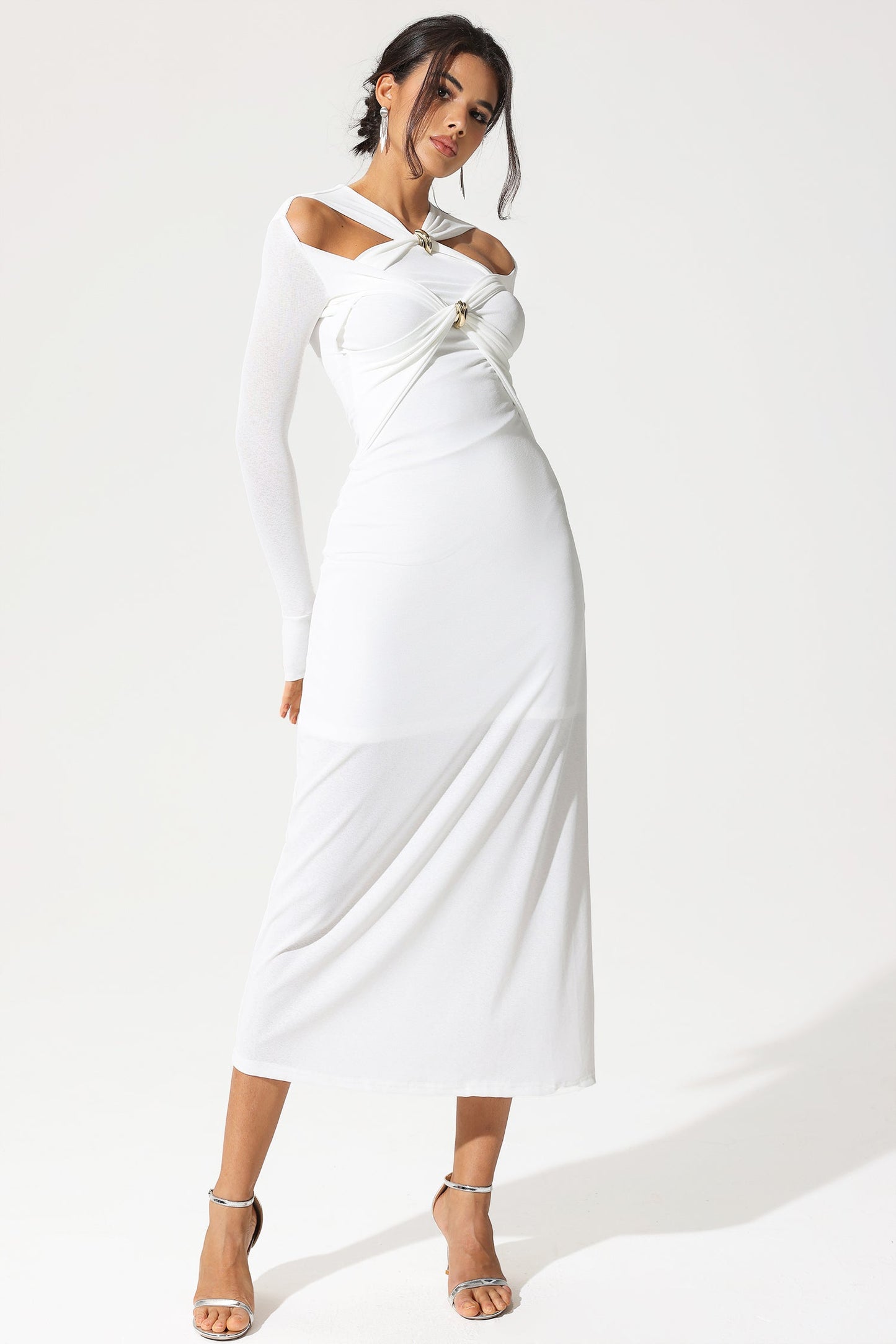 Long Sleeve V-neck Cut-out Midi Dress