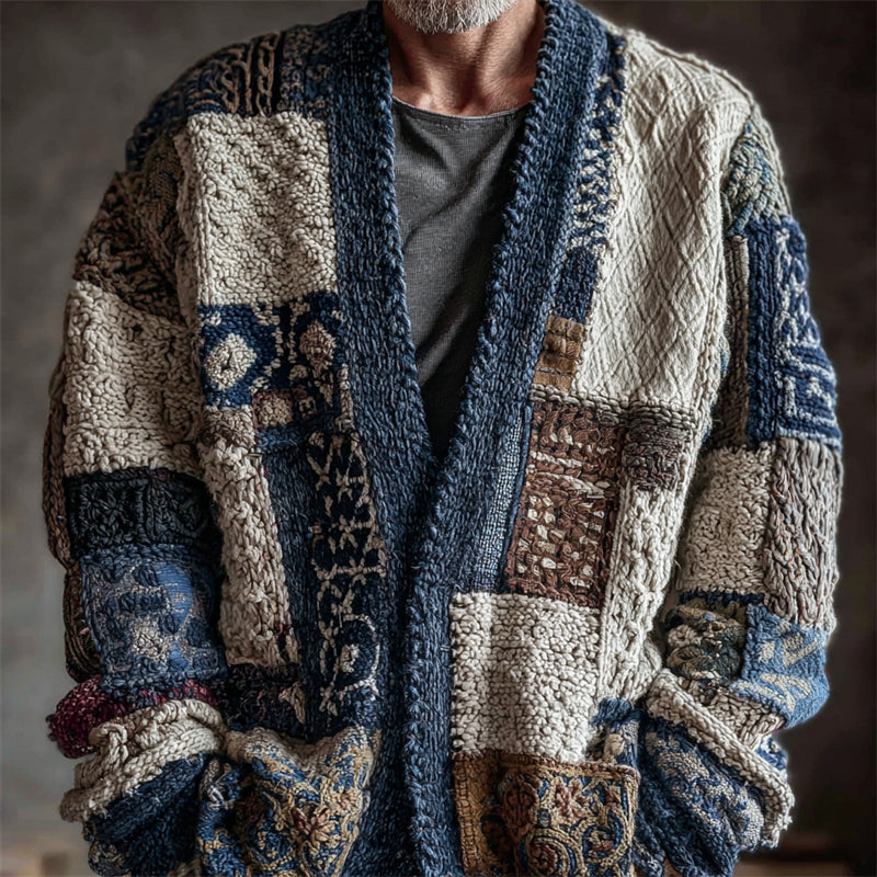 Men's Japanese Sashiko Colorblock Embroidered Cozy Knit Cardigan artswardrobe