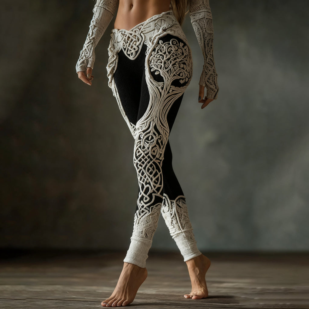 Vintage Viking Tree Of Life Celtic Knot Contrasting Colors Art Knit Cozy Leggings artswardrobe
