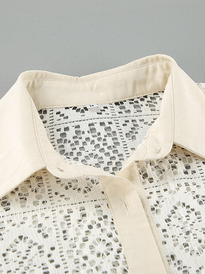 Long Sleeves Loose Buttoned Hollow See-through Color Sun Protection Lapel Collar Blouses&shirts Tops