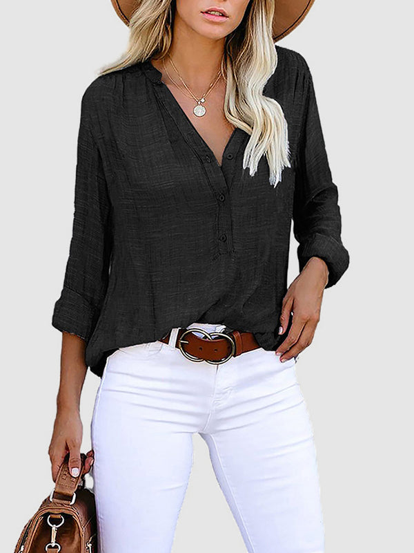Long Sleeves Loose Buttoned Pockets Color V-neck Blouses&shirts Tops