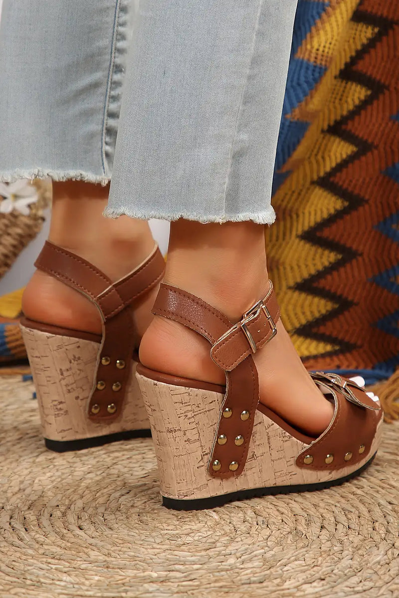 Stylish Camel Rivet Wedge Sandals