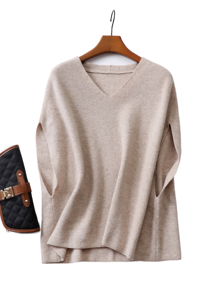 Beige V Neck Thick Knit Vest Sleeveless