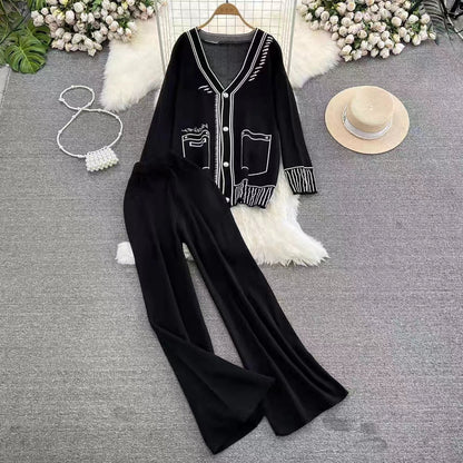 Long Sleeve V Neck Jacquard Knitted Sweater Jacket Two Piece High Waist Wide Leg Pants