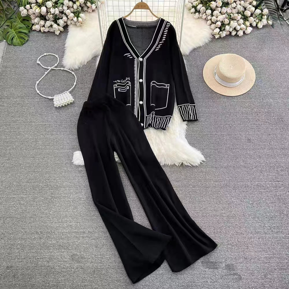 Long Sleeve V Neck Jacquard Knitted Sweater Jacket Two Piece High Waist Wide Leg Pants