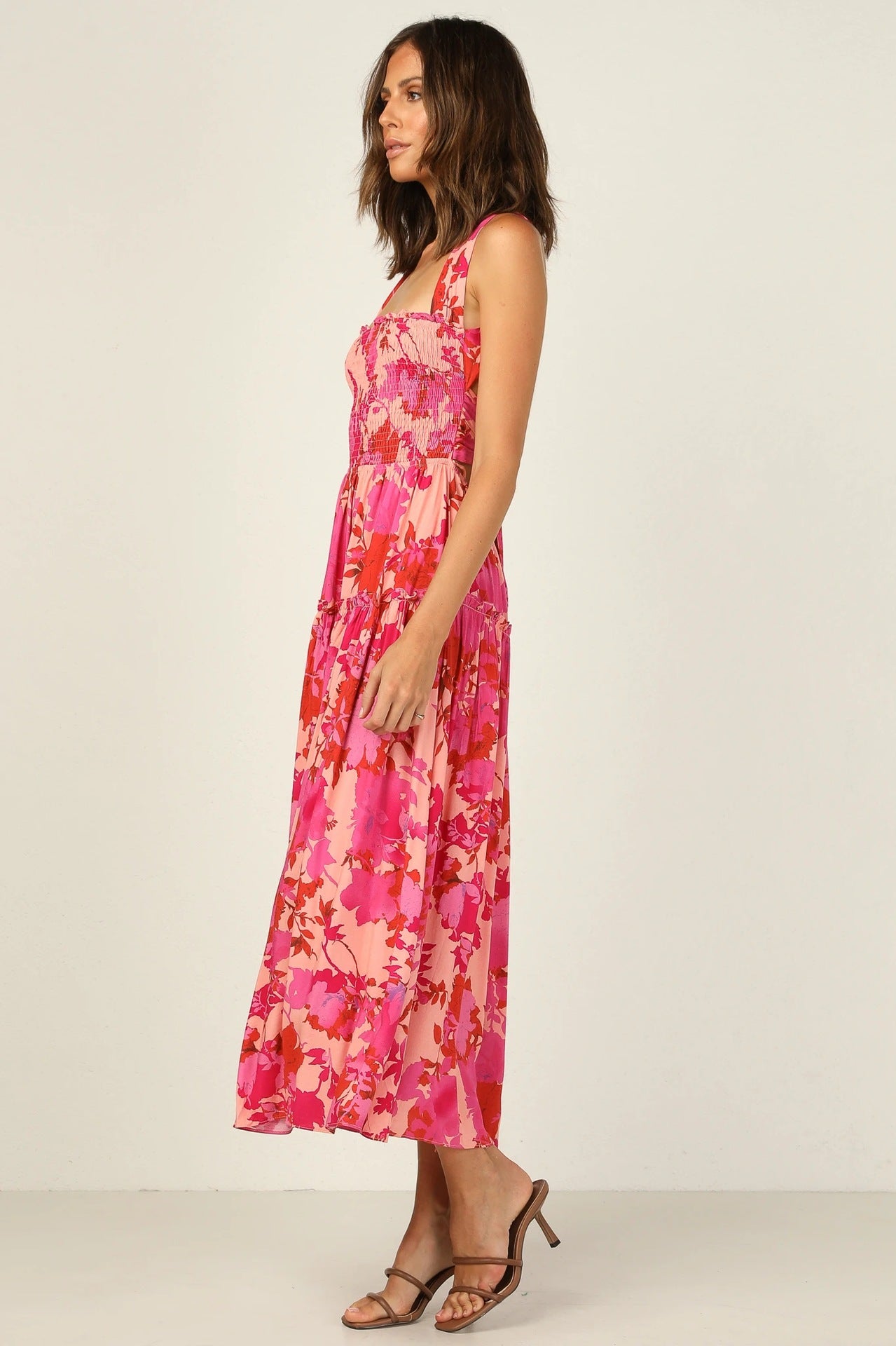Smocked Elastic Cami Midi Dress Red