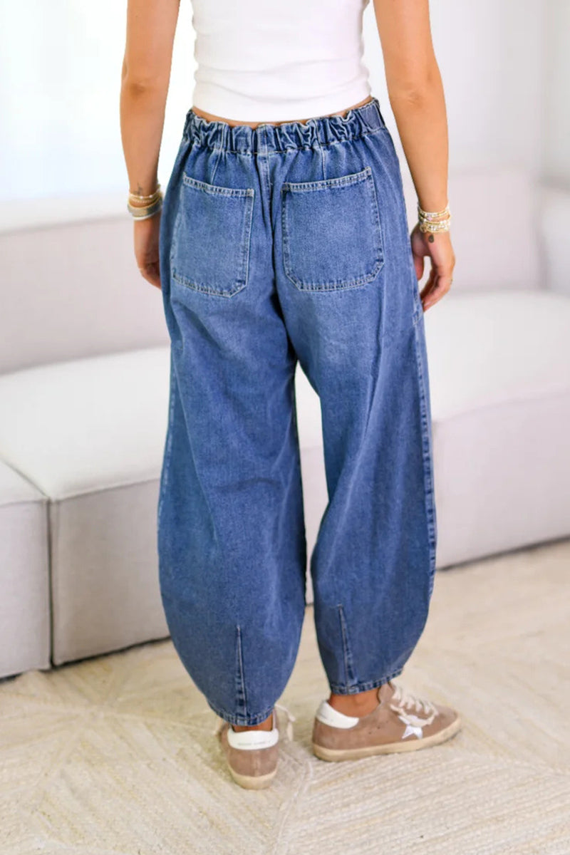 Street Color Draw String Pocket Mid Waist Loose Denim Jeans