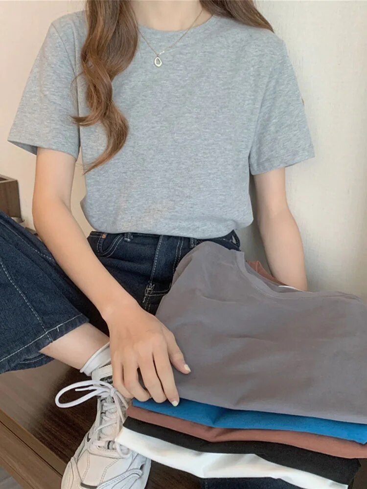 ’s T-shirt Korean Loose O-neck Basic Tops Female Spring White Black Tee Shirts