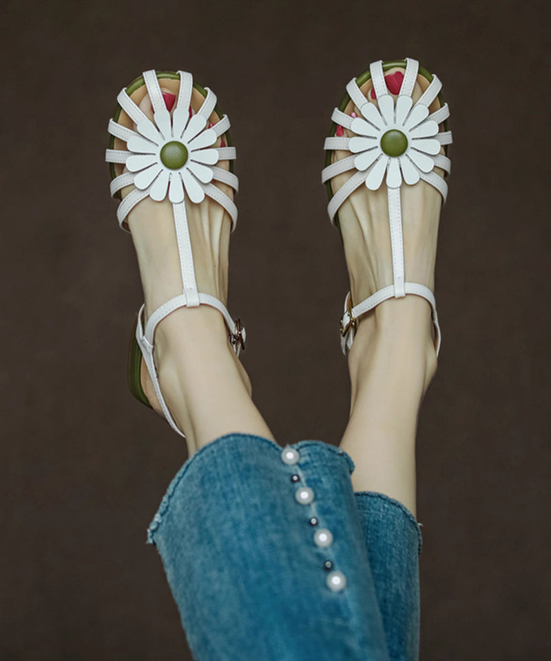 French Yellow Hollow Out Sandals Splicing Chunky Aa019