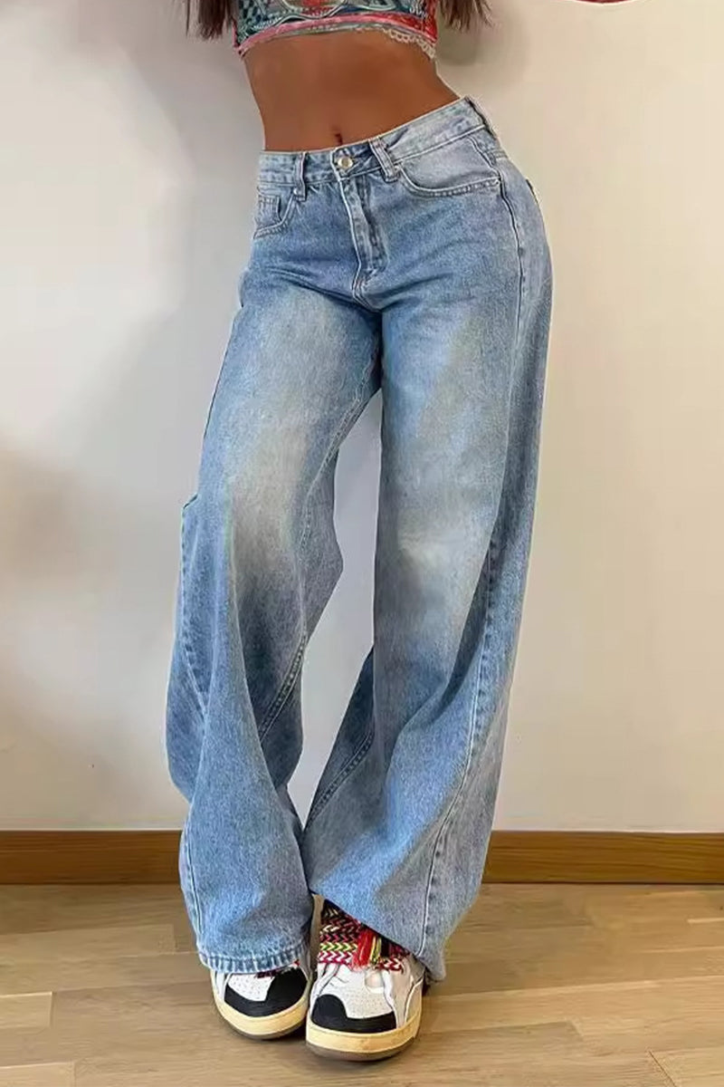 Street Make Old Pocket High Waist Loose Denim Jeans