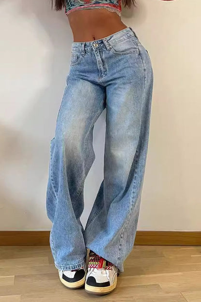 Street Make Old Pocket High Waist Loose Denim Jeans
