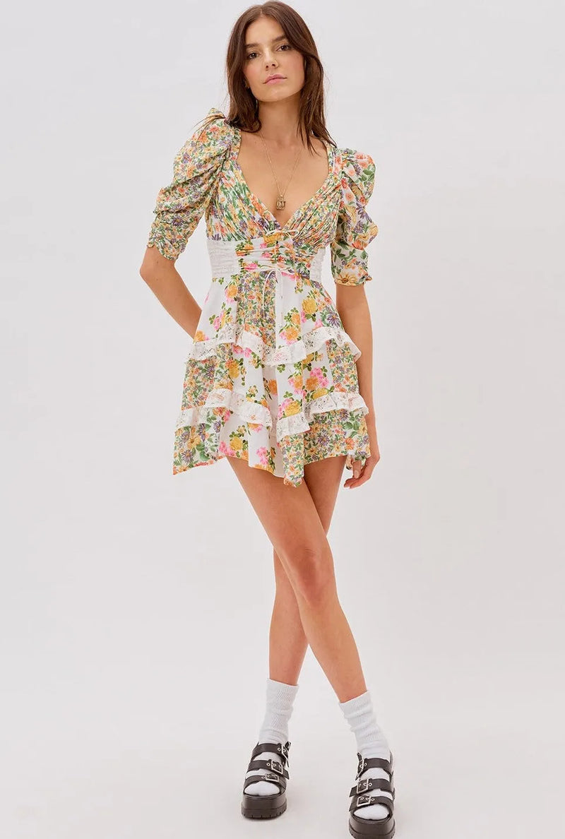 V-neck Puff Sleeve Ruffle Hem Mini Dress Yellow