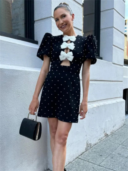 Tossy Bow Love Mini Dress Hollow Out Patchwork Short Sleeve Party Dress Female High Street Dress