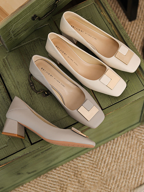 Square Buckle Chunky Square Mid Heel Shoes