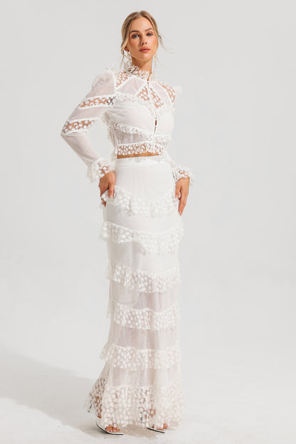 Embroidered Ball Sleeve Top ?embroidered Ruffle Mid Waist Maxi Skirt Set