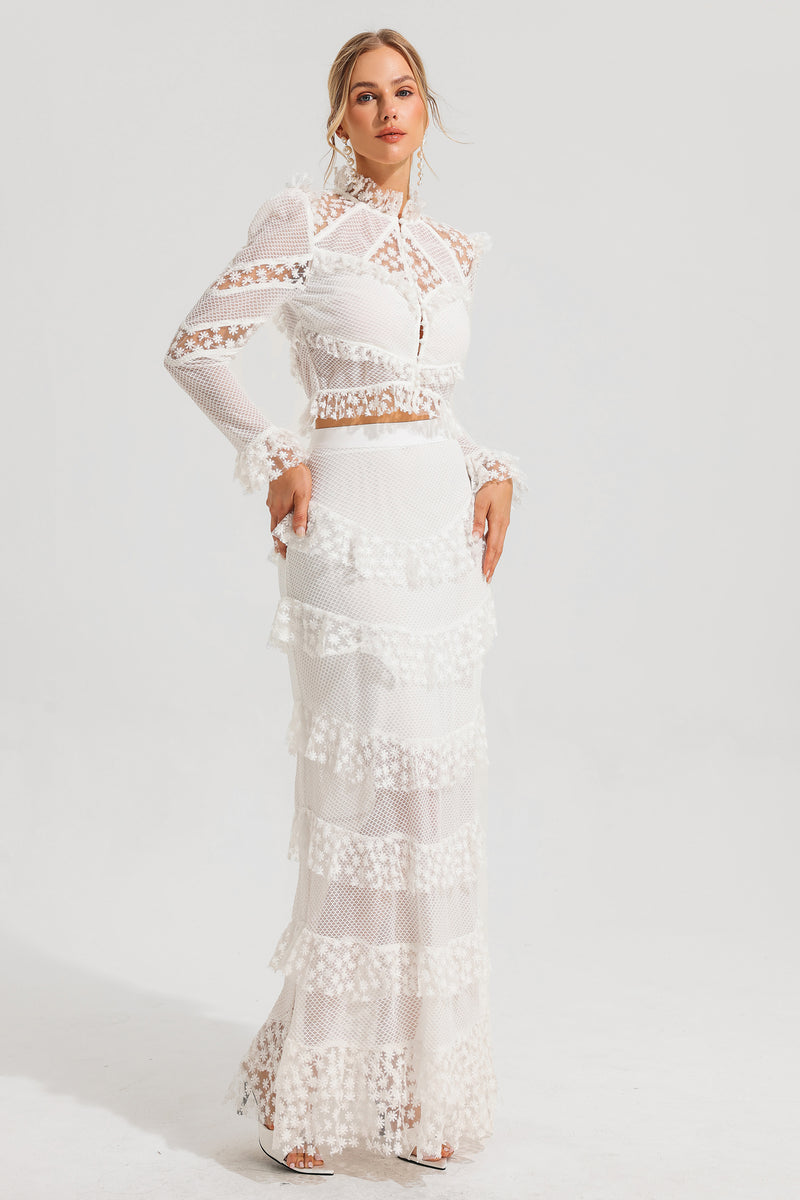 Embroidered Ball Sleeve Top ?embroidered Ruffle Mid Waist Maxi Skirt Set