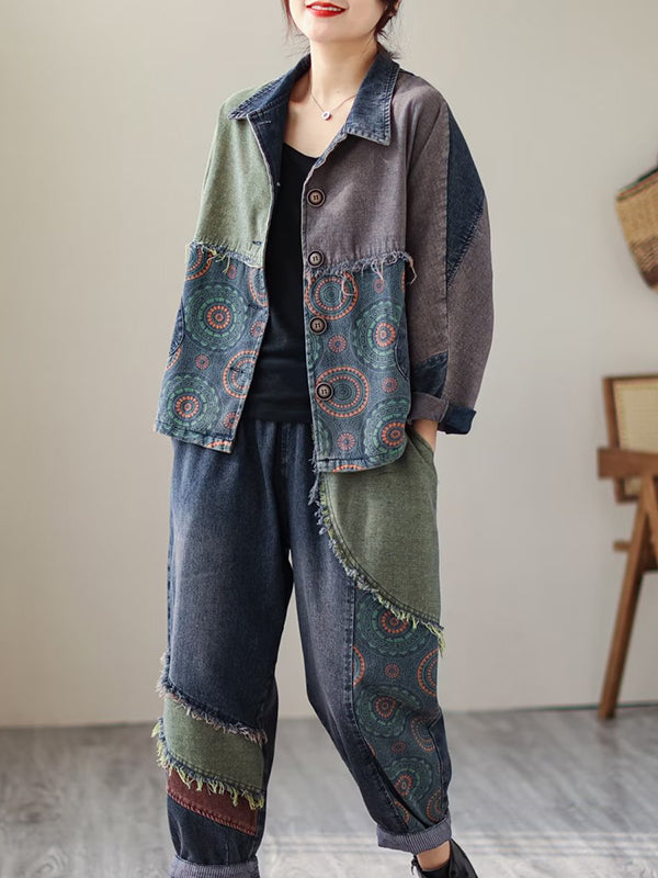Contrast Color Fringed Split-joint Long Sleeves Printed Outwear + Harem Pants Two Pieces Set