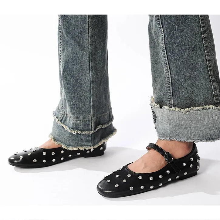 Studded Rhinestones Mary Jane One-line Buckle Ballet Flats