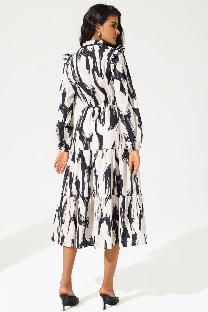 Printed Long Sleeve Crew Collar Lace Up Midi Dress