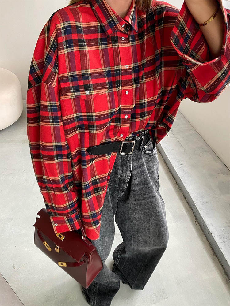 Bright Gingham Shirts for Street Style Shacket Blouses and Tops Single-breasted Autumn
