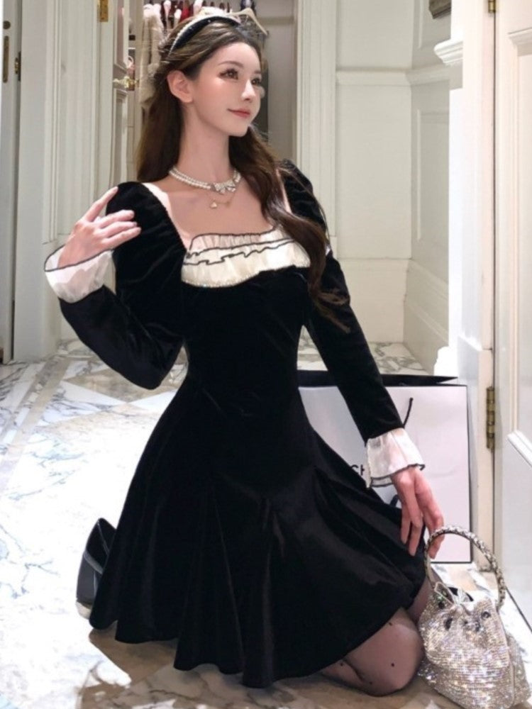 Velvet Mini Dress Princess A-line Birthday Party Vestidos Patchwork Slim Y2k Lace Up Autumn Spring Dresses