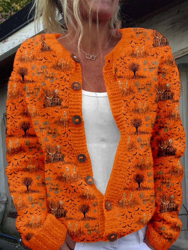 Halloween Art Pattern Crew Neck Cozy Knit Cardigan artswardrobe