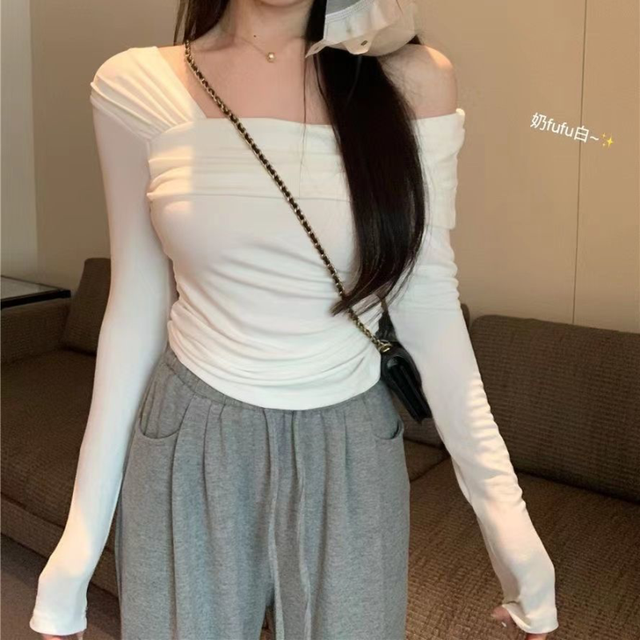 Off Shoulder T-shirts Long Sleeve Shirts Cropped Tops Clubwear Skew Collar Warm Pullovers