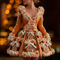 Comstylish Women's Christmas Cottage Themed Pattern V-neck Dress