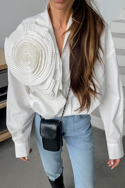 Flowers Three-dimensional Pattern Turndown Collar Tops