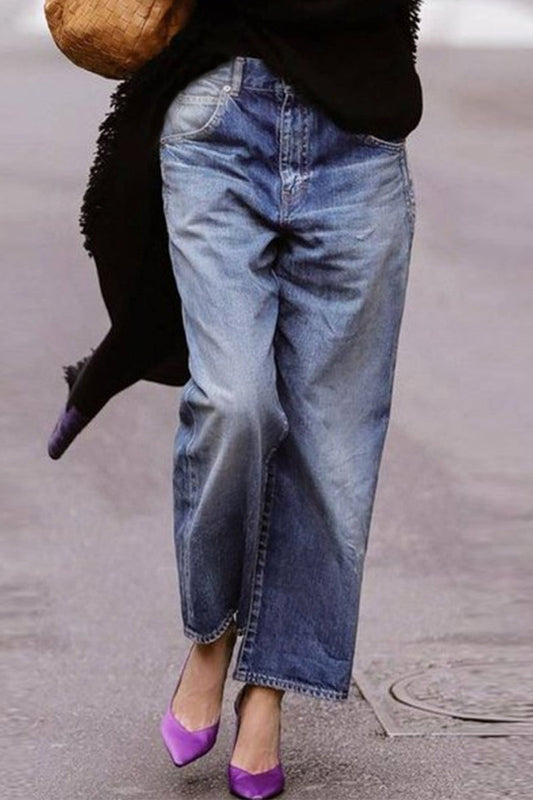 Gradual Change Patchwork Mid Waist Straight Denim Jeans