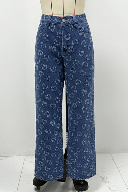 Heart Shaped Distressed Patchwork High Waist Loose Denim Jeans