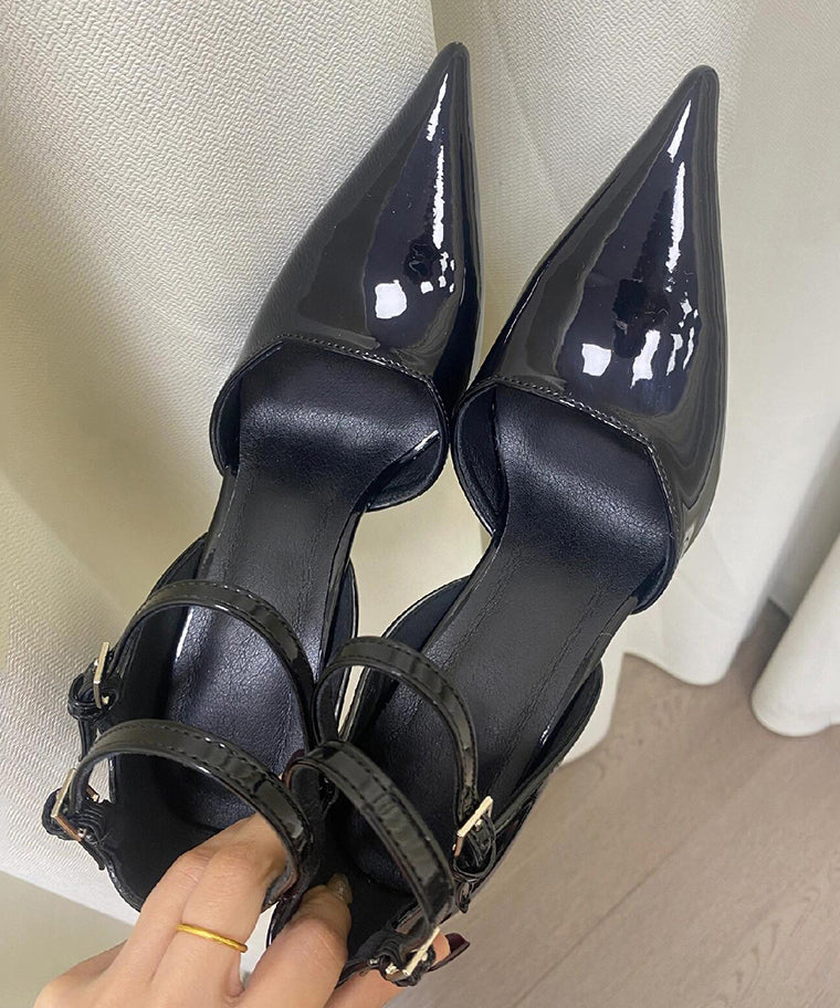 Black Splicing Buckle Strap Wedge Sandals Pointed Toe Oi023