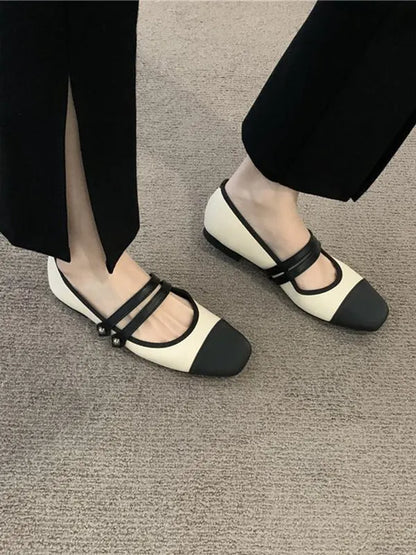 Contrast Color Round Cut Split-joint Square-toe Low Heels Flat Shoes Flats