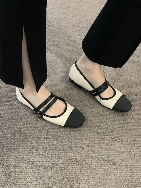Contrast Color Round Cut Split-joint Square-toe Low Heels Flat Shoes Flats