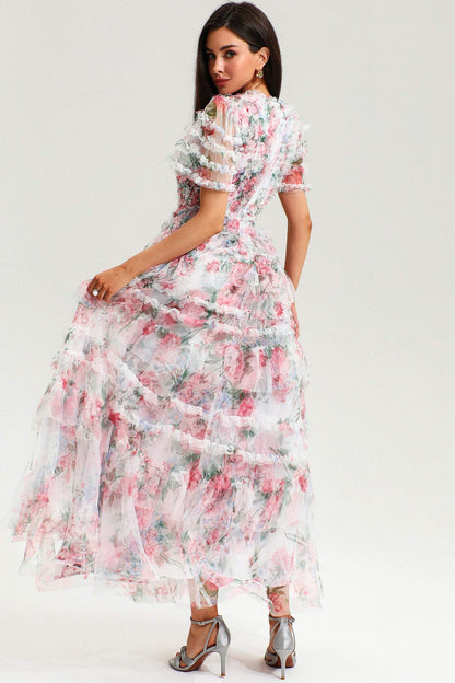 V-neck Short Sleeve Ruffle Tiered Hem Maxi Dress