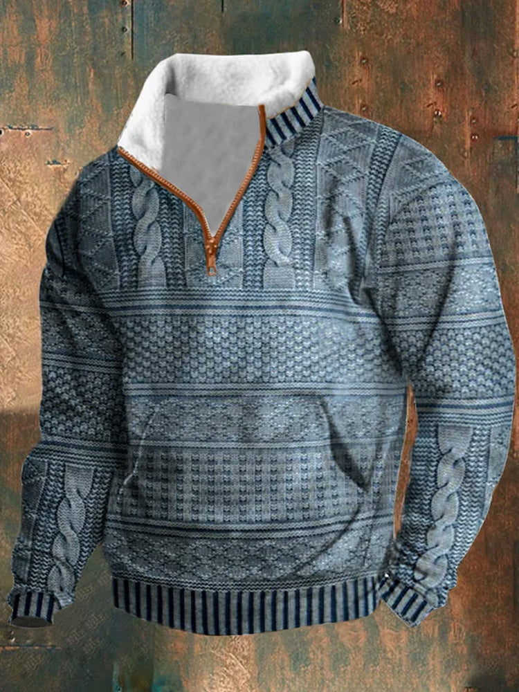 Men's Retro Knitted Printed Fleece Sweatshirt elevenforest