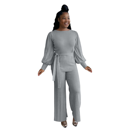 Urban Color Loose Lantern Sleeve Wide Leg Pants Set – Street Style Outfit