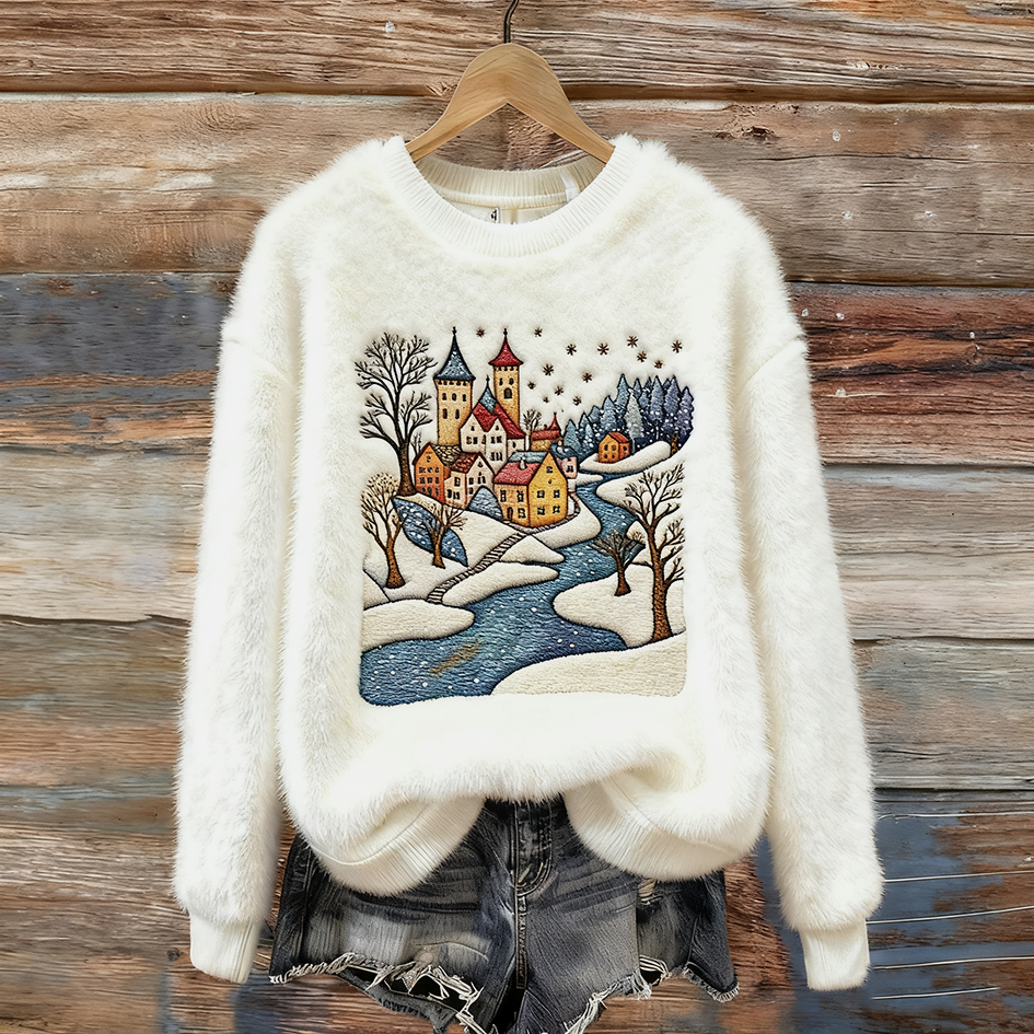 Lady Christmas Winter Warmth Round Neck Flannel Sweatshirt