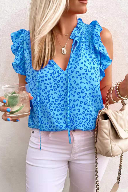 Leopard Flounce V Neck T-shirts(3 Colors)