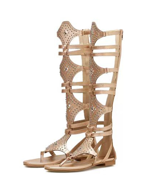 Stylish Gold Hollow Out High Barrel Flat Bottomed Rivet Roman Sandals Kj060