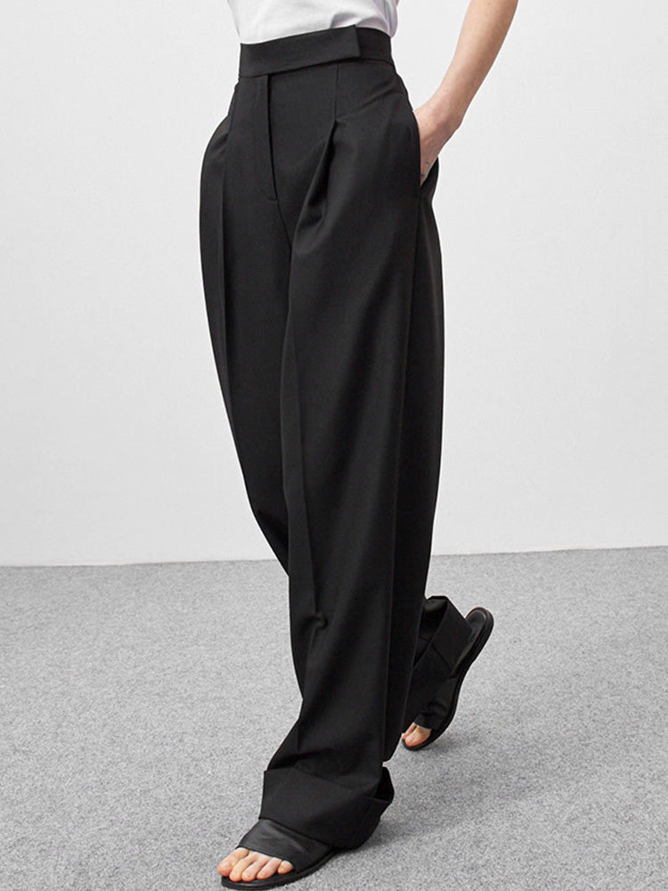 Spring Summer Black Office Trousers High Waist Pants Pockets Female Pleated Wide Leg Pants