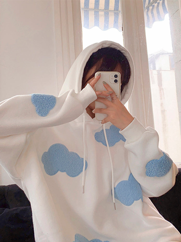 Korean Sweatshirt Winter Clouds ’s Sweaters Velvet Warm Sleeves Tops Temporary Hoodies Kawaii Femal