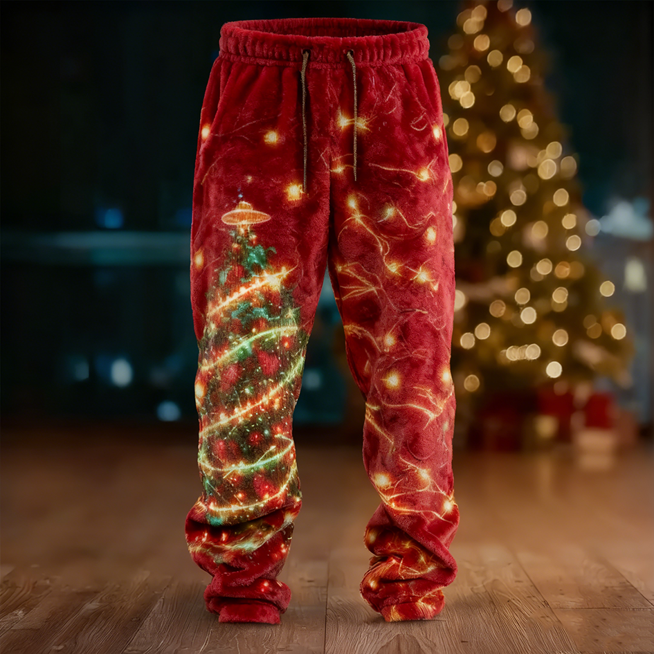 Comstylish Christmas Retro Lights Design Men's Flannel Long Pants