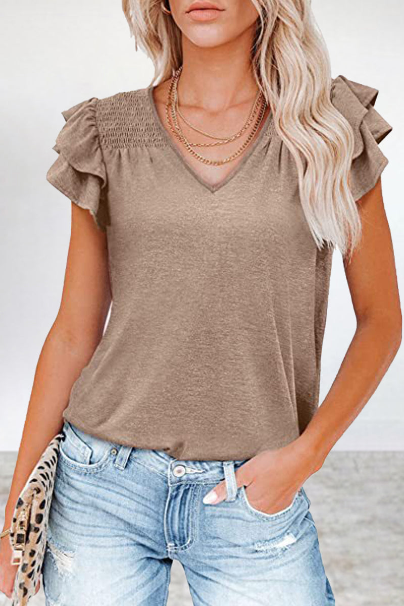 Simplicity Flounce V Neck T-shirts(5 Colors)