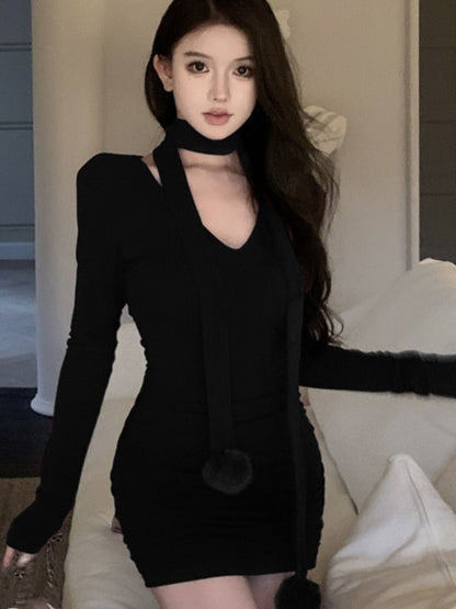 Mini Dress Autumn Spring V-neck Halter Long Sleeve Wrap Hip Slim Korean Style Y2k Simple Vestidos Mujer