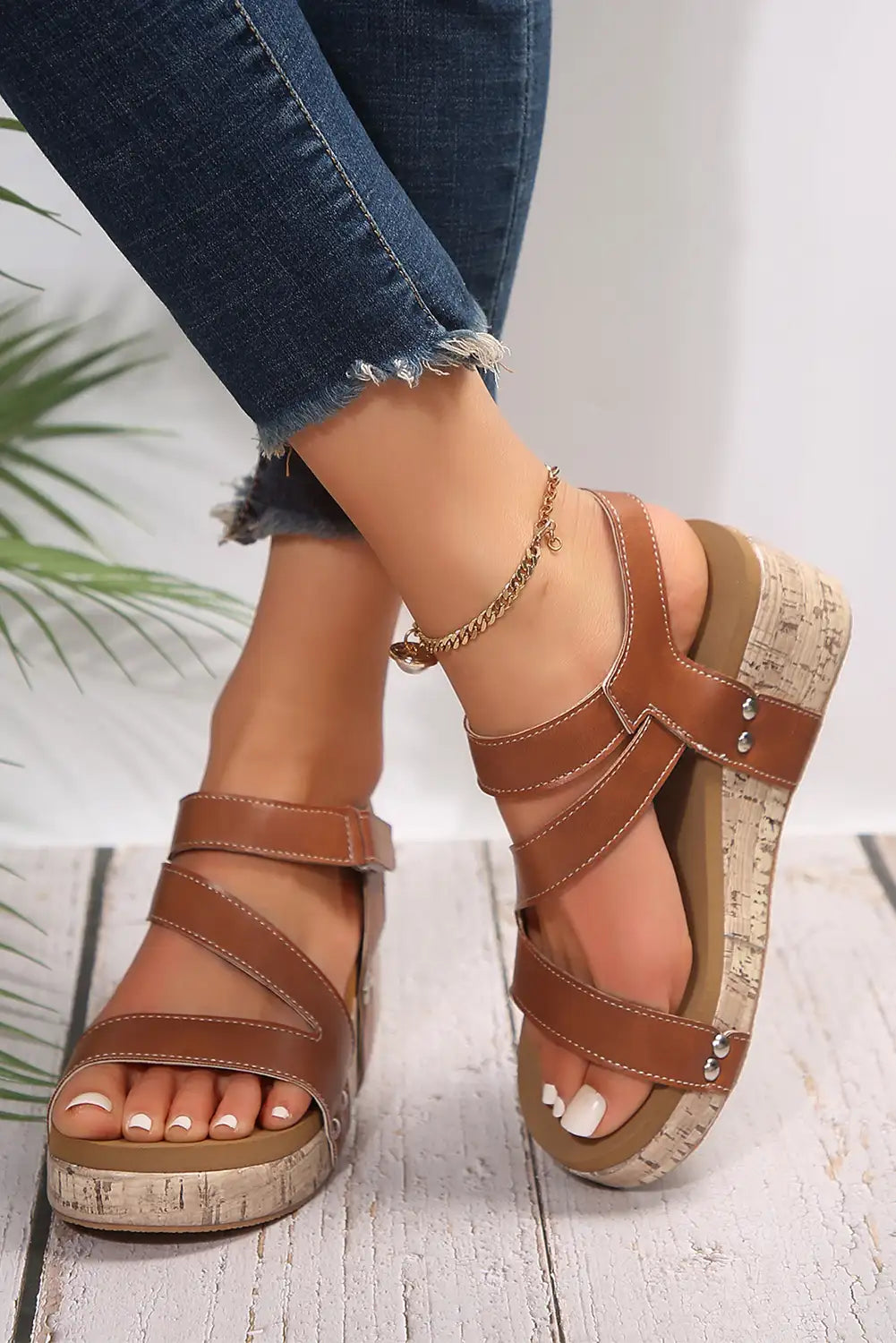 Chestnut Hollow Out Leather Wedge Sandals