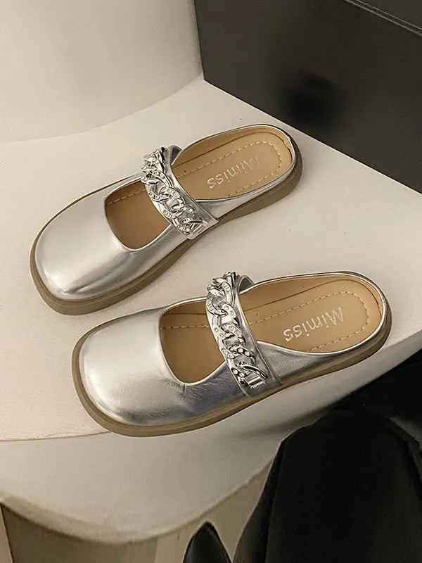 Chains Round-toe Shallow Cut Split-joint Mary Janes Slippers