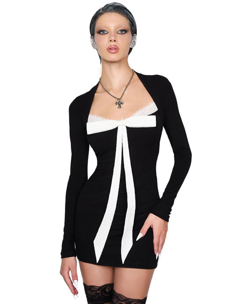 Taruxy Lace Splice Bow Sheath Dresses for Long Sleeve Bodycon High Waist Mini Dress Party Dress Slim Woman